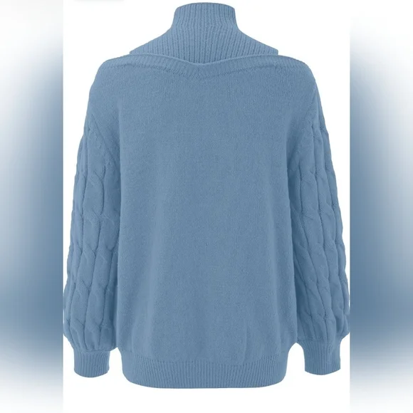 Cold Shoulder Turtleneck Long Sleeve Loose Ribbed Knit Pullover Sweater-(Large) - Picture 2 of 9